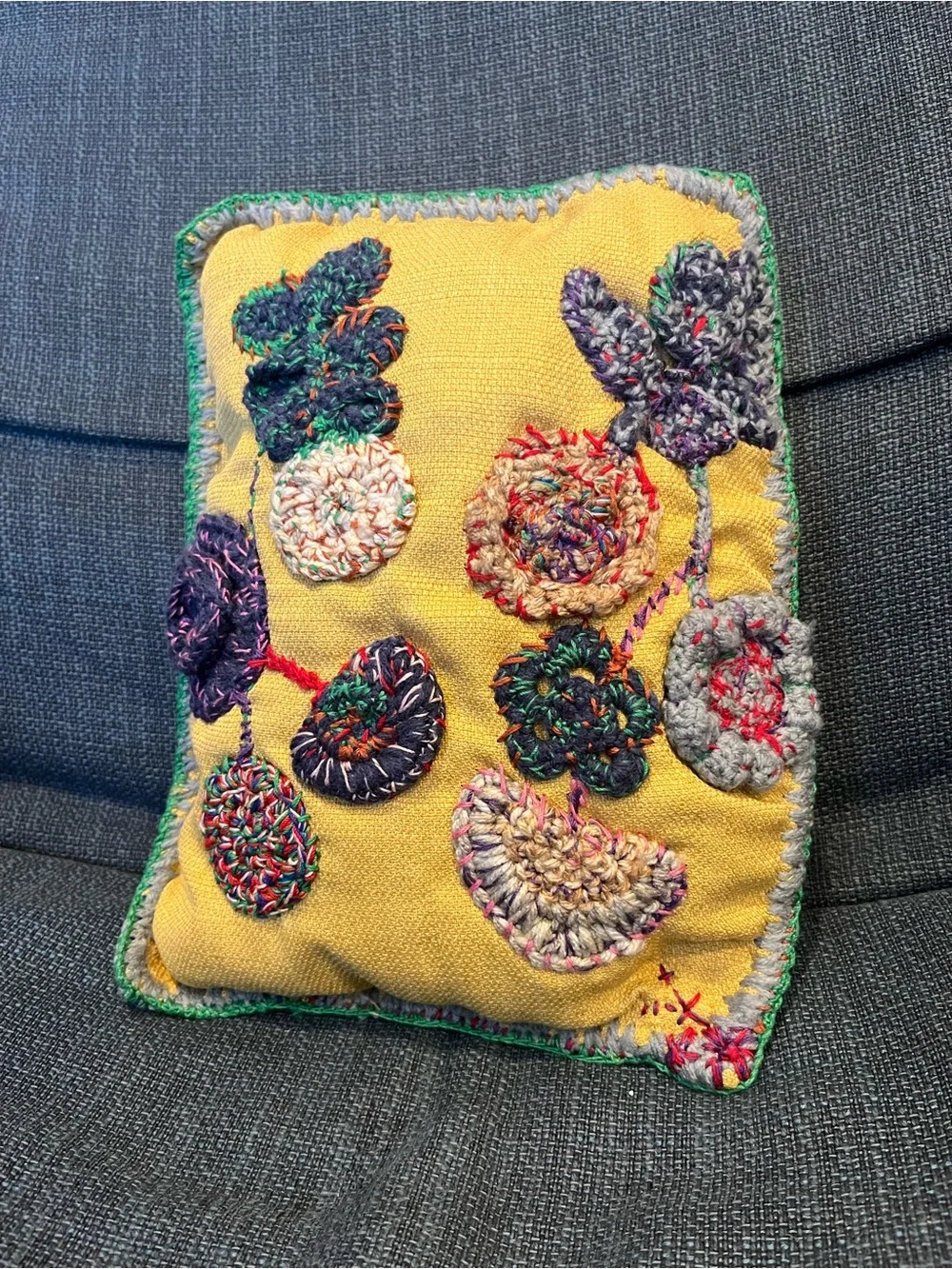 Handmade Embroidered Floral Pillow – Green Border – Boho Textile Art